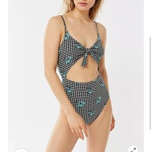 Out From Under Textured Tie-Front One-Piece Swimsuit - Gingham Floral Plaid